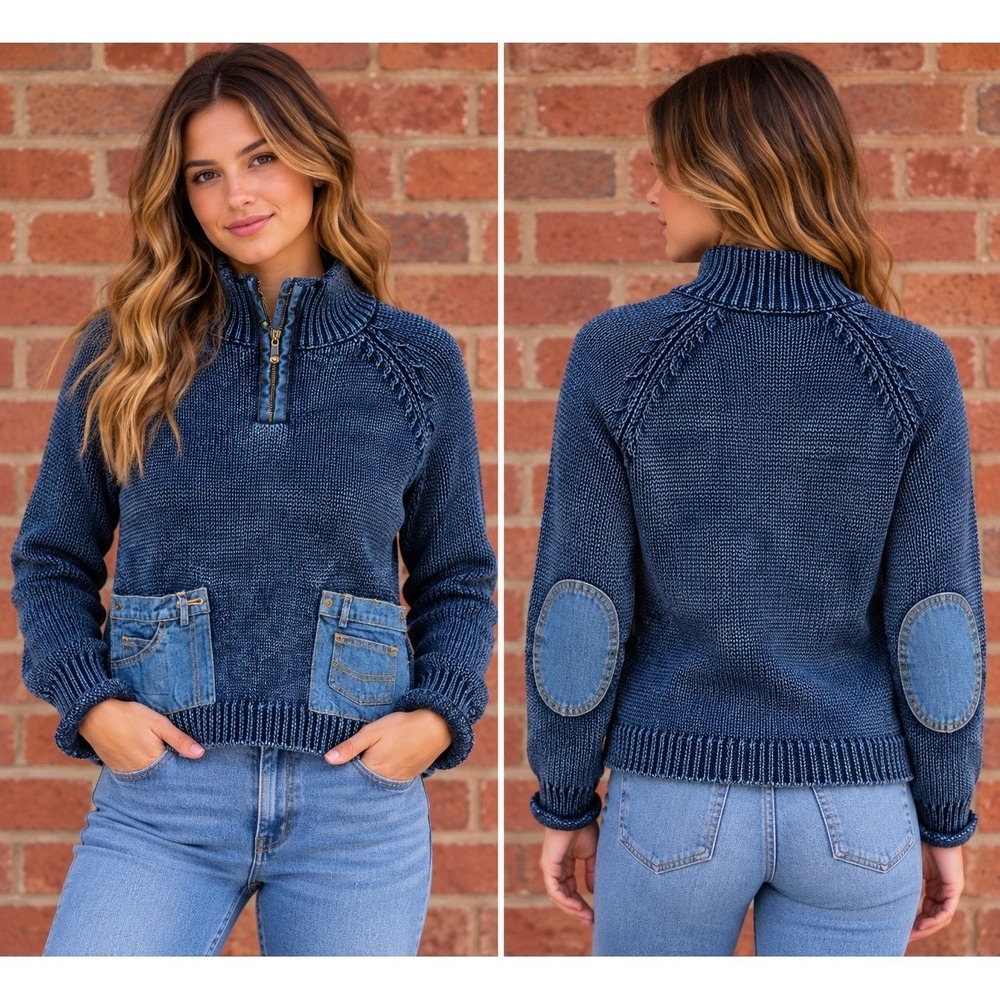 PBJ Blues Vintage Indigo Acid Wash Denim Pocket 1/4 Zip Sweater Small S/P NWT